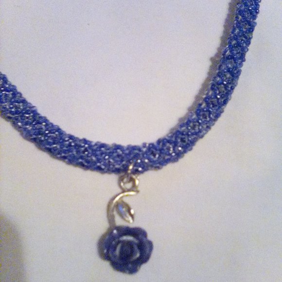 Hand Crafted  Blue Tubular beaded necklace with a blue Rose - Picture 2 of 5